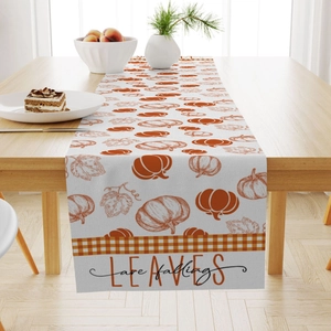 Autumn pumpkin maple leaf table runner with orange plaid patterns for fall home decor
