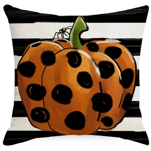 Halloween pumpkin pillow cover with black polka dots and white striped background