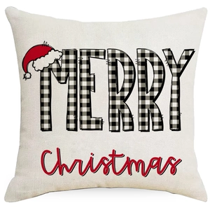 Federa per cuscino natalizio nordico con scritta Merry Christmas in stile scozzese bianco nero