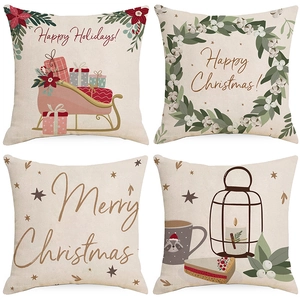 Taie de Coussin de Noël en Lin Imprimé Joyeux Noël Joyeuses Fêtes Taie d'Oreiller Décorative pour Salon Maison Canapé