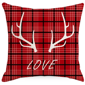 Christmas plaid pillow cover with white antlers and Love print on red tartan linen