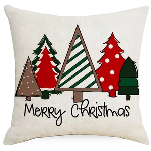 Federa per cuscino natalizia nordica in lino con alberi festivi e scritta Merry Christmas