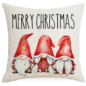 Linen Christmas pillow case featuring watercolor gnomes and Merry Christmas text
