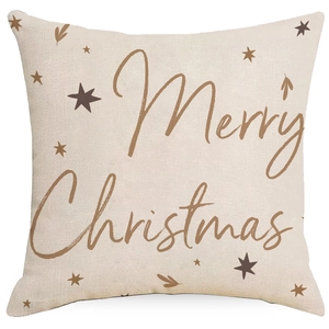 Housse de coussin de Noël en lin avec texte Merry Christmas et étoiles sur tissu beige