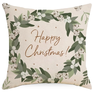 Housse de coussin de Noël en lin avec couronne et texte Happy Christmas sur fond blanc