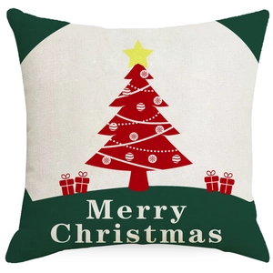 Christmas pillow cover with red tree design and Merry Christmas text on linen fabric