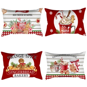 Detailed set of four rectangular Christmas pillows with gingerbread and hot cocoa patterns