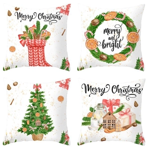 Set of 4 Christmas peach skin throw pillow covers with festive watercolor holiday prints