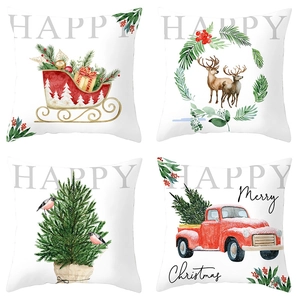 Detailed set of 4 Christmas pillow covers with vintage truck and reindeer prints