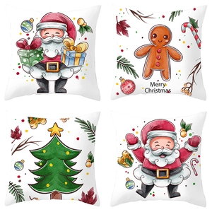 Detailed set of four Christmas pillow covers with watercolor Santa and gingerbread prints