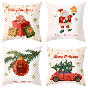 Set of 4 Christmas pillow covers with Santa, black cat, and red truck holiday patterns