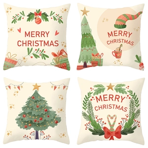 Set of four Christmas pillow covers featuring hand-drawn trees, wreaths and gift box patterns