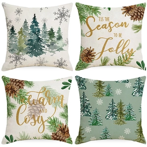 Christmas Pillowcase Linen Blend Square Decorative Cushion Cover Forest Snowflake Pine Tree Pattern For Sofa Home Decor