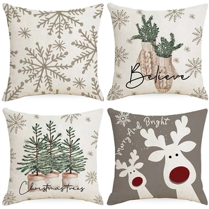 Linen Christmas Pillowcase Snowflake Elk Christmas Tree Print Cushion Cover For Sofa Home Decor Holiday Throw Pillow Cover