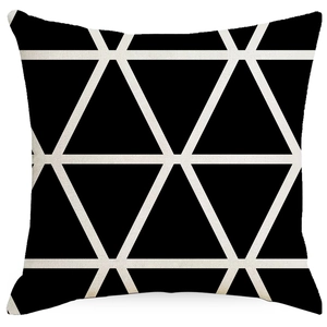Minimalist square linen pillowcase with black and white geometric triangle patterns