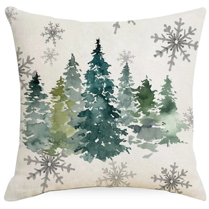 Christmas linen pillowcase with watercolor pine trees and snowflakes for home decor