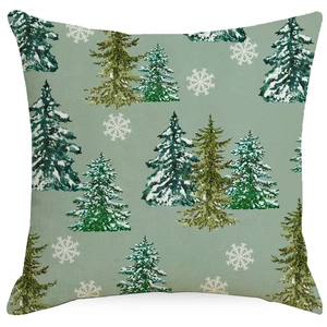 Sage green Christmas pillow cover with printed pine trees and snowflakes on linen texture