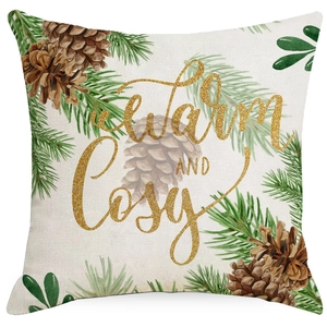Christmas tree linen pillow cover with pine cones and 'Warm AND Cosy' golden text