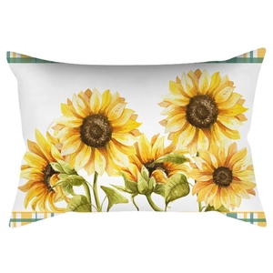 Funda de cojín rectangular con girasoles en acuarela y bordes de cuadros para otoño