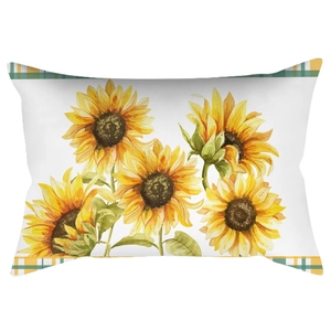 Funda de cojín lumbar otoñal con girasoles y bordes de cuadros amarillos decorativa