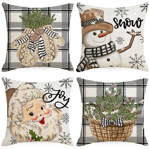 Christmas Snowman Santa Claus Linen Pillowcase Plaid Decorative Square Cushion Cover For Sofa Living Room Home Holiday Decor