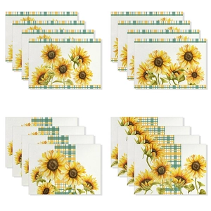 Set of 4 heat resistant placemats featuring sunflower print and green buffalo plaid borders