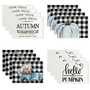 Autumn harvest placemats set with buffalo check pumpkin and maple leaf designs
