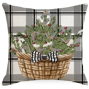 Christmas snowman snowman print pillow cover with black white plaid and red berries decor