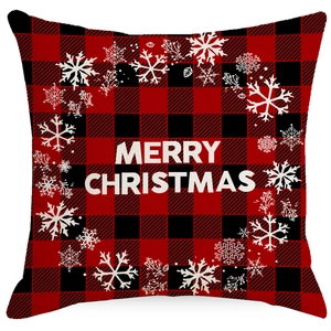 Christmas buffalo plaid pillow case with Merry Christmas text and white snowflake motifs