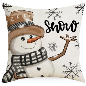 Christmas snowman printed square pillow cover with SNOW text on textured linen fabric