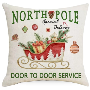 Christmas linen pillowcase with red sleigh and North Pole watercolor festive print