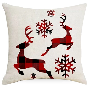 Christmas reindeer red buffalo plaid linen pillowcase with snowflake holiday print design