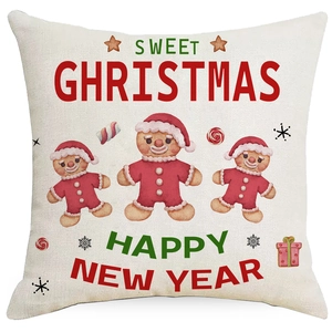 Linen Christmas pillow case with gingerbread man and festive sweet holiday patterns