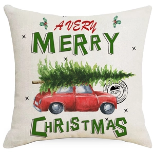 Christmas linen pillow cover with vintage red car and tree design for festive home decor