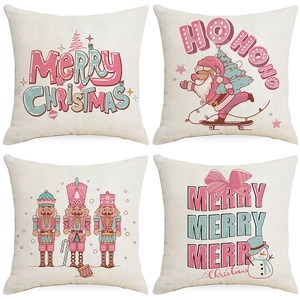 Festive Pink Christmas Pillow Case Polyester Decorative Cushion Cover With Santa Claus Nutcracker Print For Home Sofa Decor
