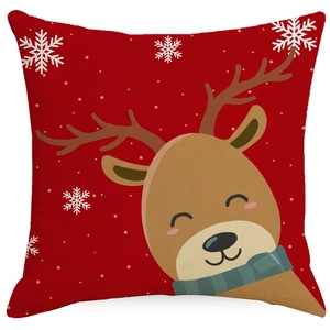 Christmas pillowcase with cute cartoon reindeer and white snowflakes on red linen fabric