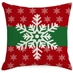Red and green Christmas pillowcase featuring large white snowflake design for home decor