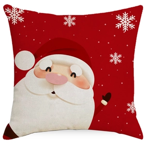 Christmas pillow case with cartoon Santa Claus and snowflakes on red linen fabric
