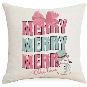 Pink Merry Christmas linen pillow cover with snowman print for festive sofa decor