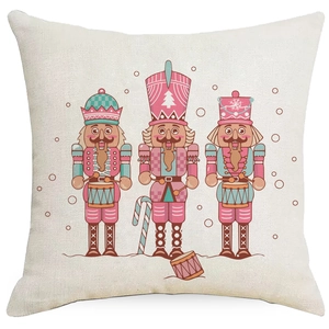 Pink Nutcracker Christmas linen pillow cover with festive cartoon soldier patterns
