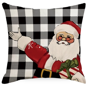 Christmas Santa Claus pillow cover with black and white buffalo plaid linen fabric