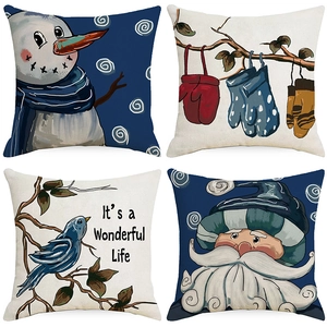 Christmas Decorative Pillowcase Cartoon Snowman Gnome Winter Print Polyester Linen Texture Cushion Cover For Sofa Home Decor