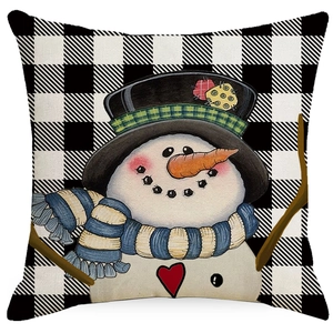 Christmas snowman pillow cover with black white plaid background and linen texture