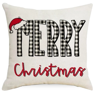 Linen Christmas pillowcase with buffalo plaid Merry Christmas text and santa hat detail