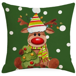 Christmas reindeer pillow cover with green background and festive cartoon pattern decoration