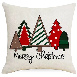 Linen Christmas pillowcase featuring five festive trees and Merry Christmas text
