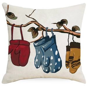 Linen Christmas pillowcase with cartoon snowman mittens and branches on white background