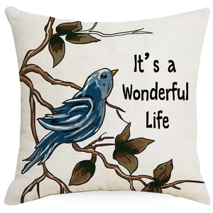 Cartoon snowman Christmas linen pillowcase with blue bird and Wonderful Life text