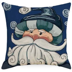 Christmas snowman pillowcase in navy blue with cartoon bearded wizard illustration