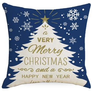 Blauer Weihnachts-Kissenbezug aus Leinen mit weißen Tannenbäumen und goldenem Schriftzug